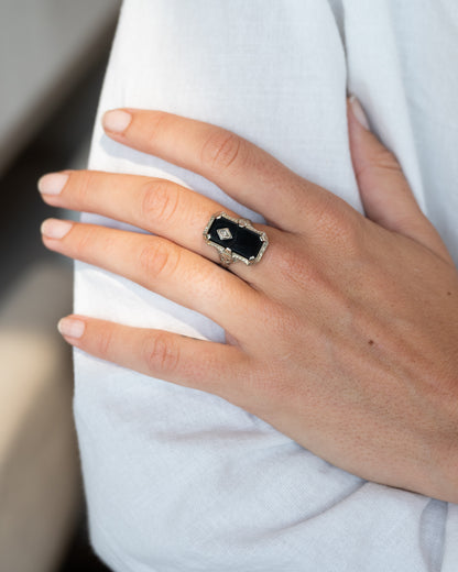 Antique Art Deco Onyx & Diamond Cocktail Ring 10k White Gold