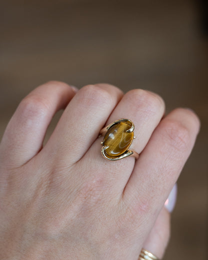 Cabochon Tiger's Eye Cocktail Ring 14k Yellow Gold