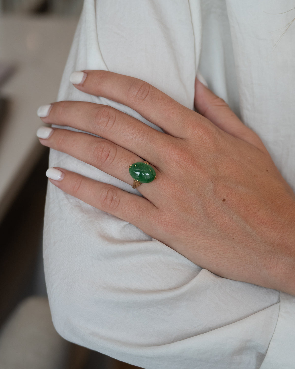 9.59 Antique Victorian Jadeite Cabochon Cocktail Ring 18k Rose Gold