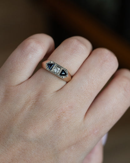 .19 Vintage Retro Men's Diamond & Sapphire Ring 14K