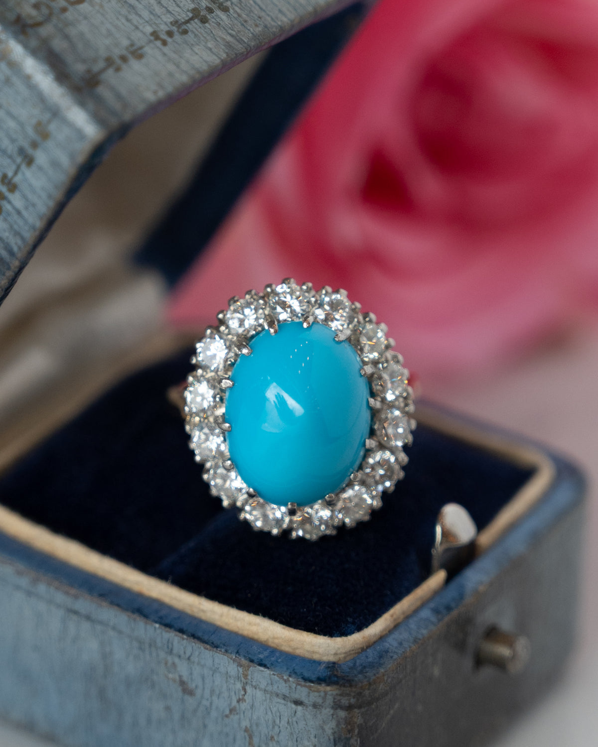 6.62 Turquoise & Diamond Halo Cocktail Ring 18k Two-Tone