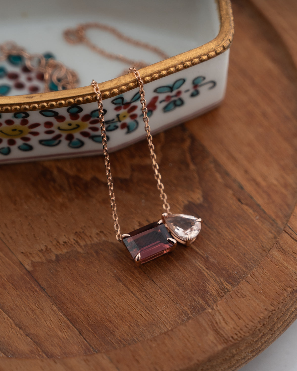 Tourmaline & Morganite Toi et Moi Pendant 14k Rose Gold