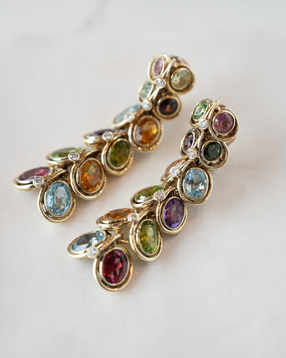 Multi-Gemstone & Diamond Drop Earrings 14k Yellow Gold