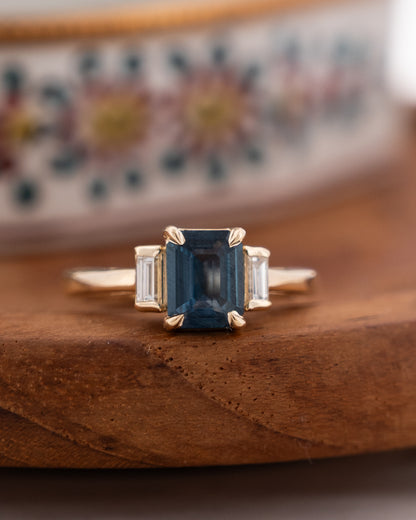 1.54 Emerald Cut Sapphire Three Stone Engagement Ring 14k