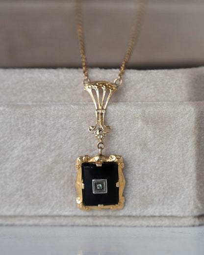 19" Vintage Retro Diamond & Onyx Pendant Necklace 10k