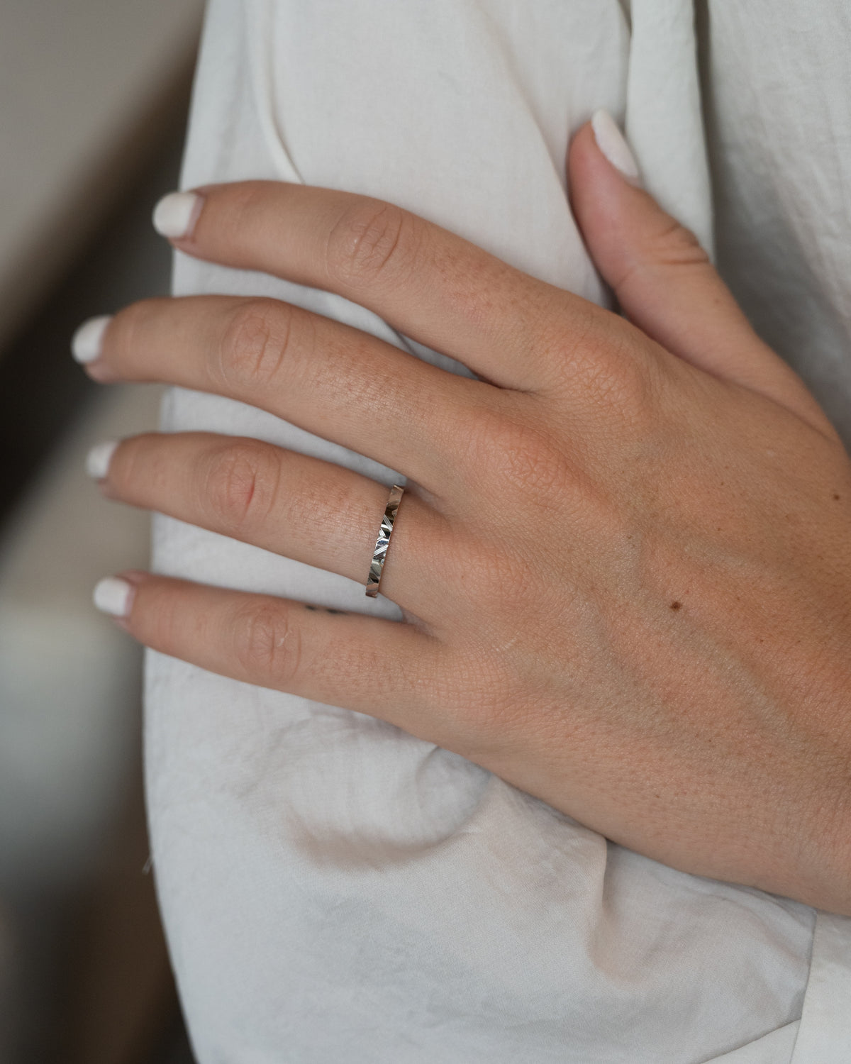 Flat Edge Geometric Engraved Wedding Band 14k White Gold