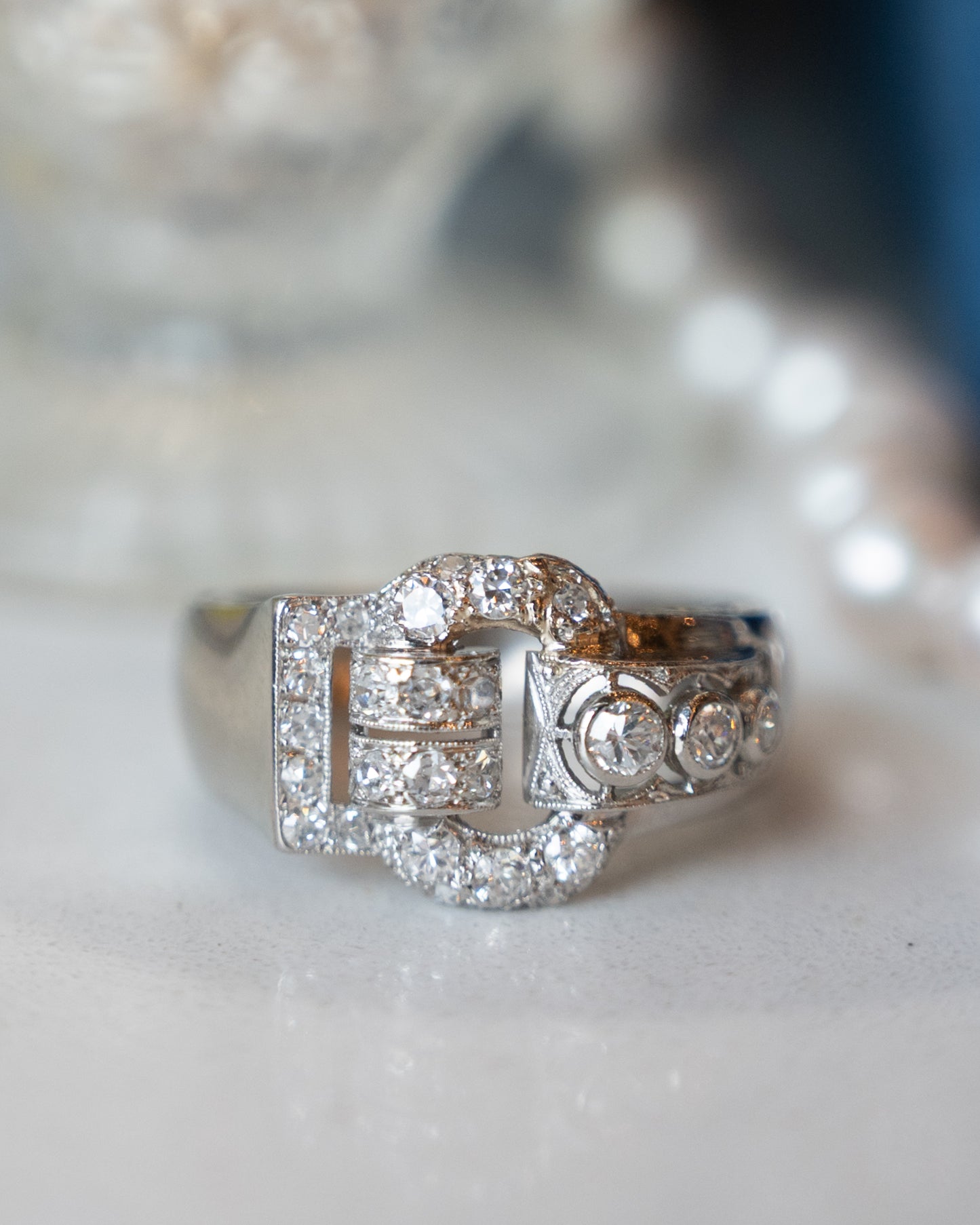 .45 Vintage Diamond Buckle Cocktail Ring Platinum