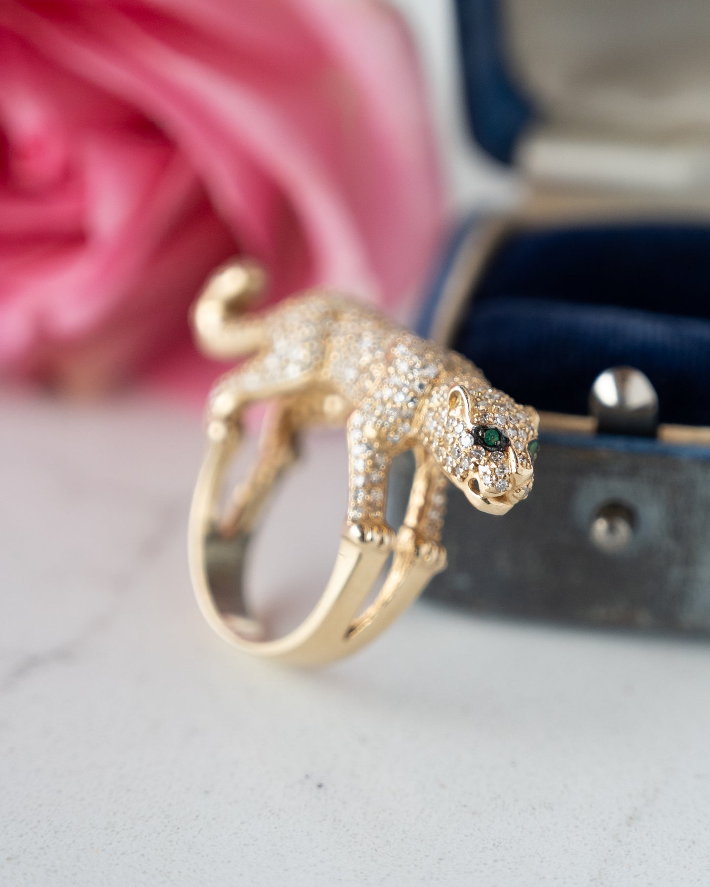 2.15 Pave Diamond Emerald Panther Ring 14k
