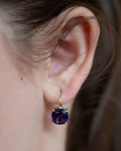 7.30 Cushion Amethyst Drop Earrings 18k Yellow Gold