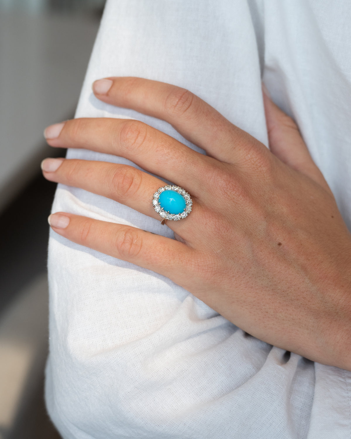 6.62 Turquoise & Diamond Halo Cocktail Ring 18k Two-Tone