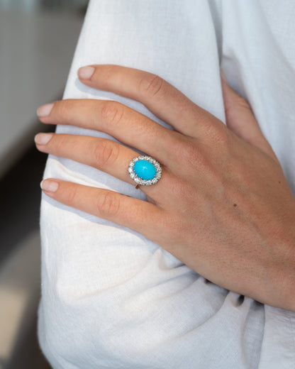 6.62 Turquoise & Diamond Halo Cocktail Ring 18k Two-Tone
