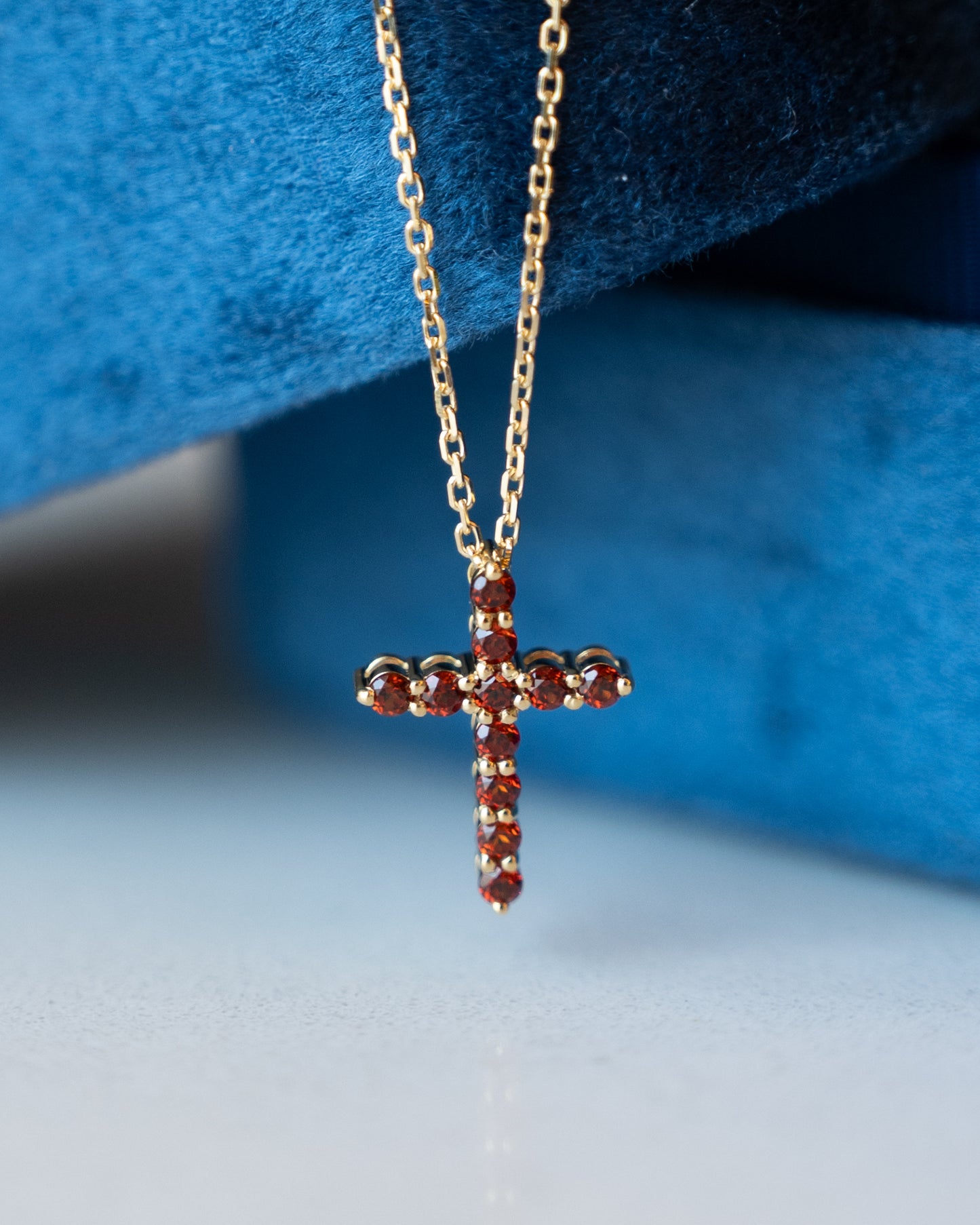 Garnet Cross Pendant Necklace 14k Yellow Gold