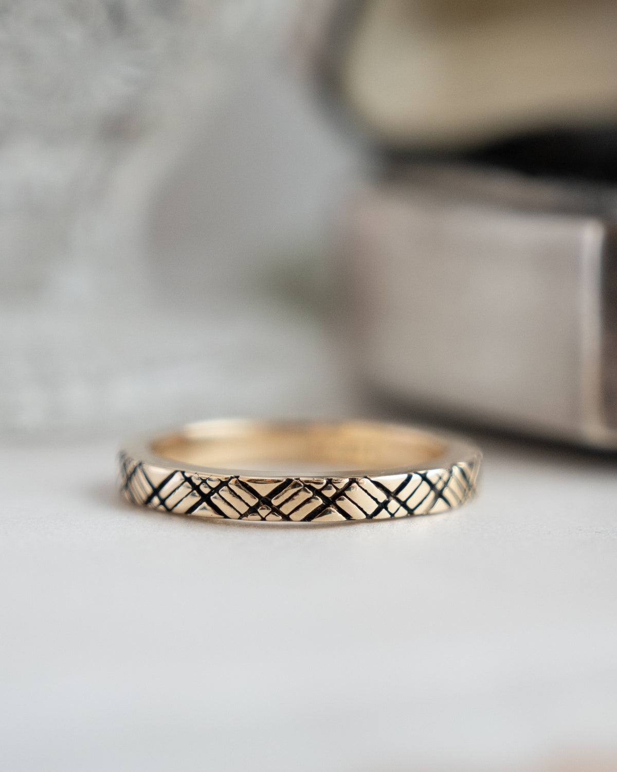 Cross Hatch Black Enamel Stacking Ring 14k