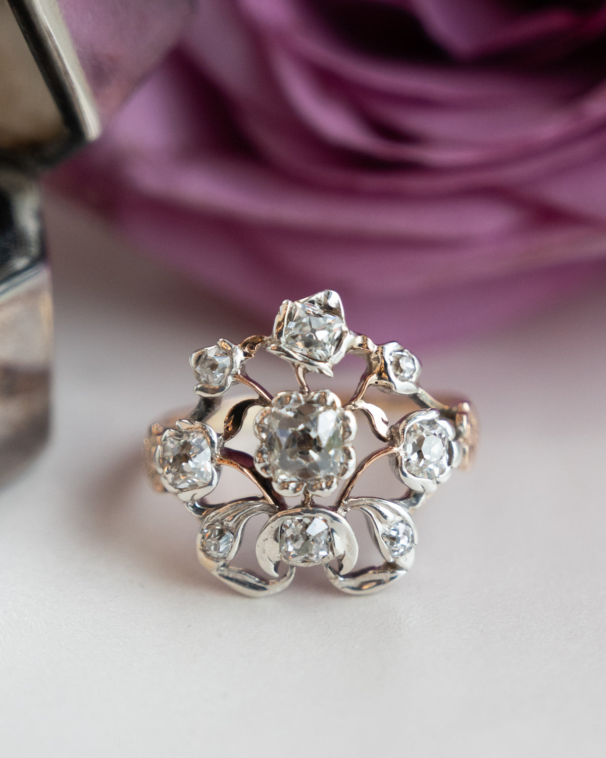 1.10 Antique Georgian Diamond Cocktail Ring 14k & Silver