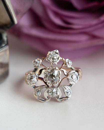 1.10 Antique Georgian Diamond Cocktail Ring 14k & Silver