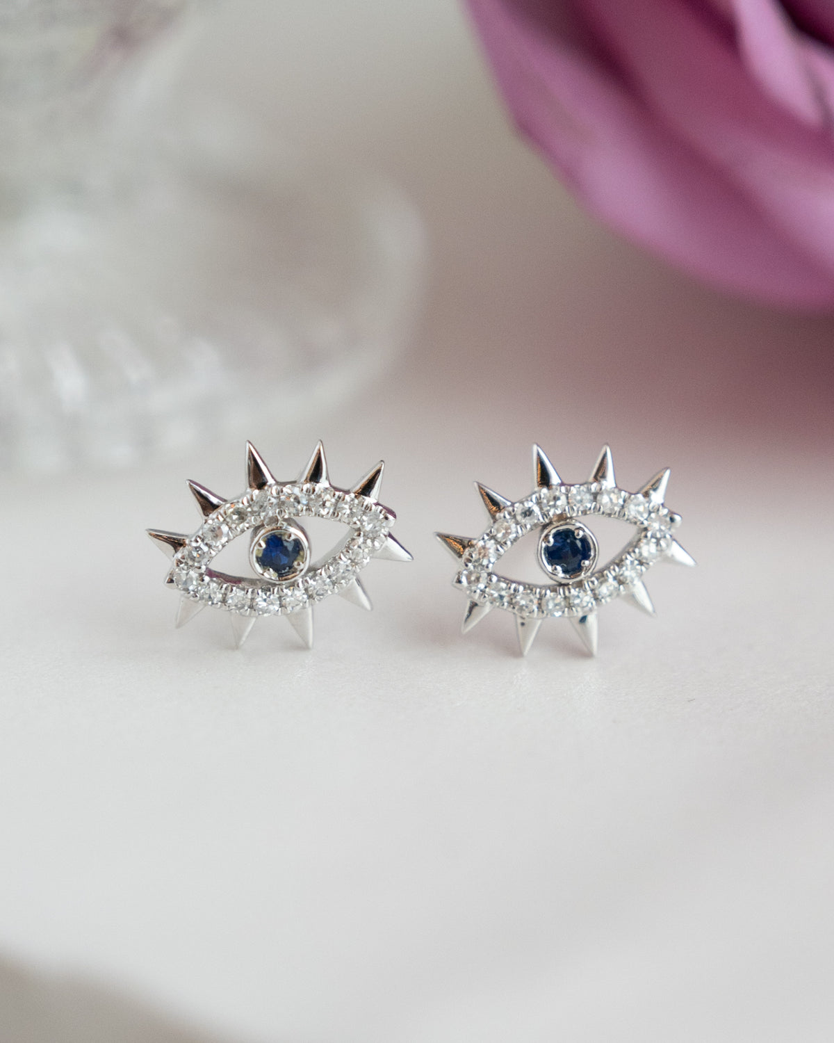 Sapphire & Diamond Evil Eye Studs 14k White Gold