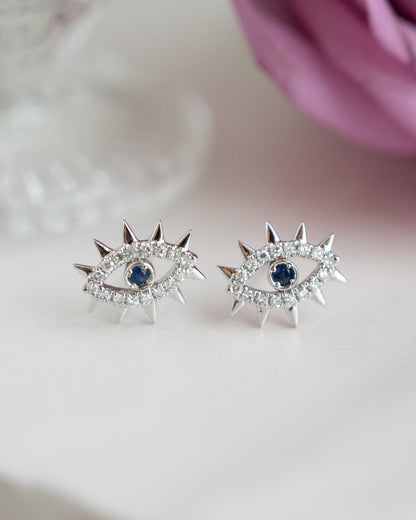 Sapphire & Diamond Evil Eye Studs 14k White Gold