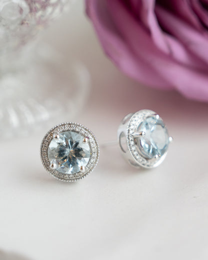 3.18 Aquamarine & Diamond Halo Stud Earrings 14K White Gold