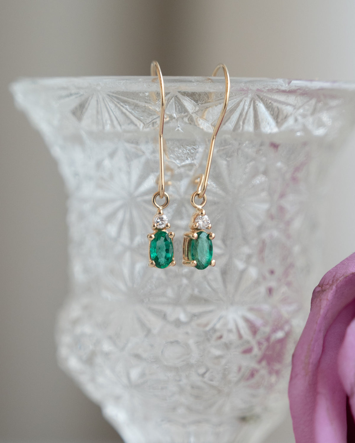 .34 Emerald & Diamond Drop Earrings 14k Yellow Gold