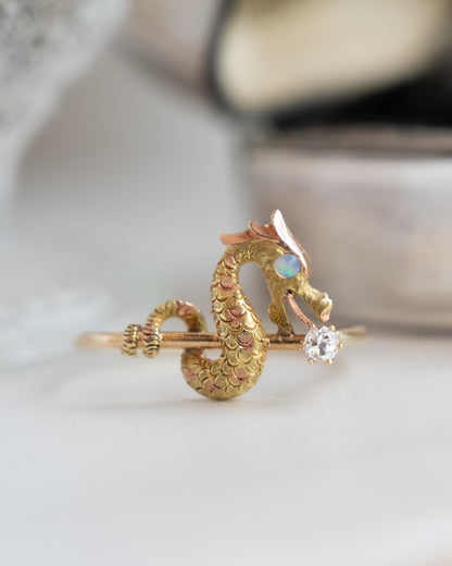 .06 Vintage Victorian Diamond & Opal Dragon Ring 14k