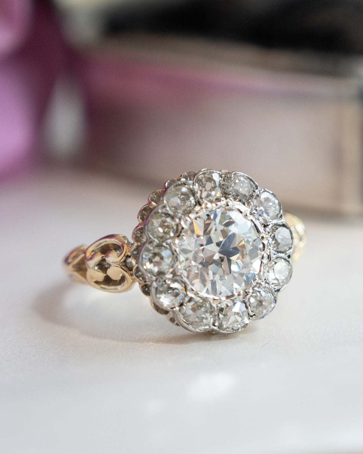 1.72 Antique Victorian Diamond Halo Ring 18K Two-Tone