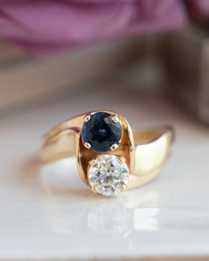 .76 Old European Diamond & Sapphire Toi Et Moi Ring 14k