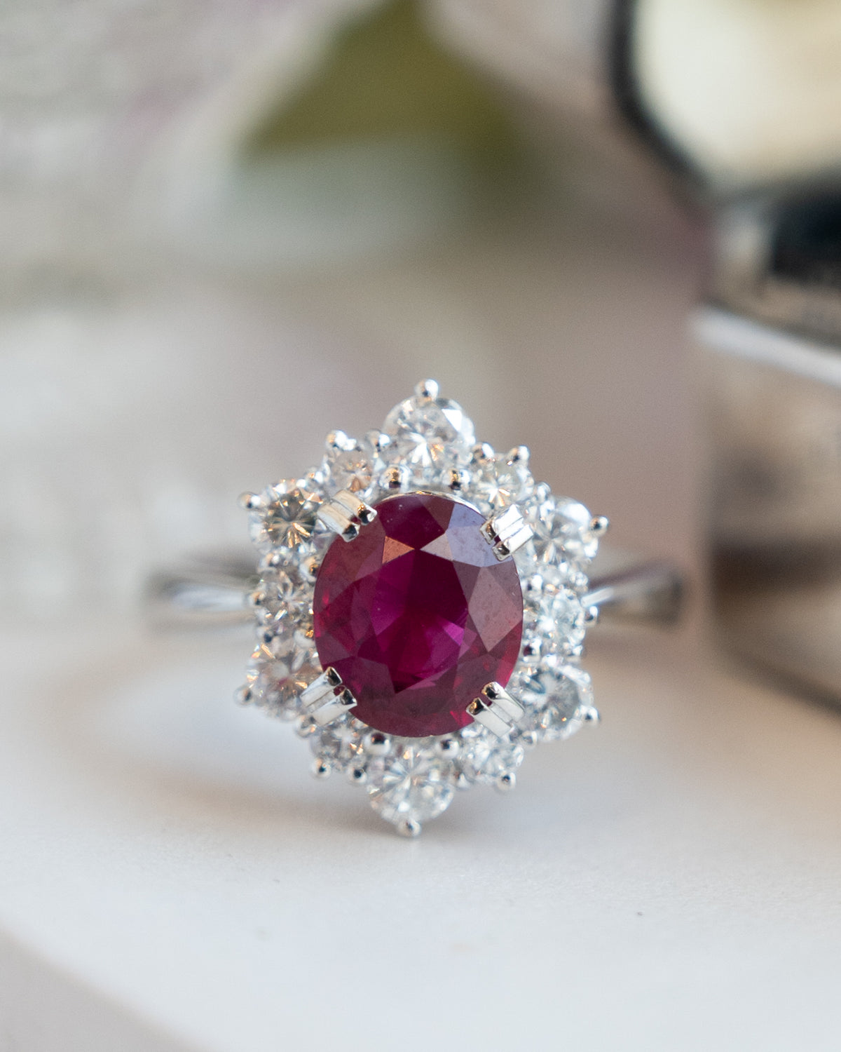 1.91 Oval Ruby & Diamond Halo Ring Platinum