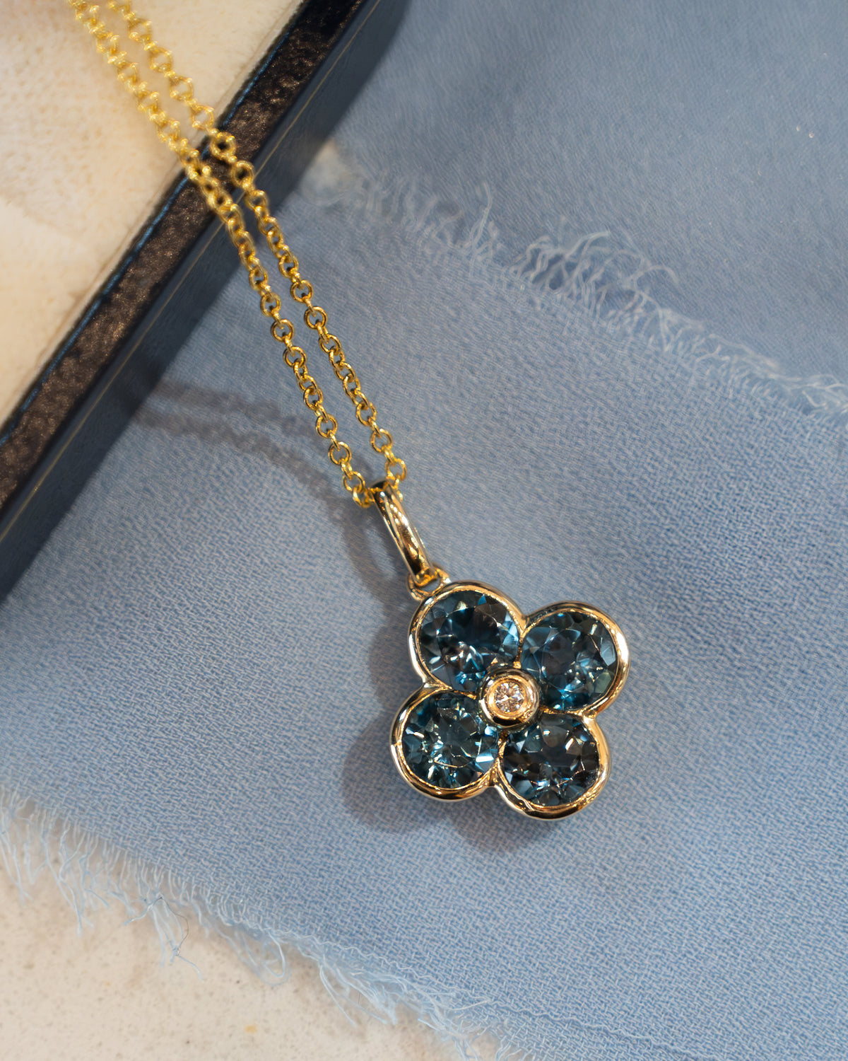 Blue Topaz & Diamond Clover Pendant 14k Gold