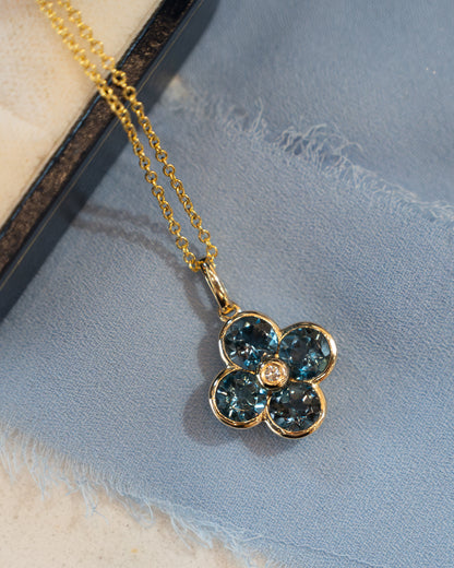 Blue Topaz & Diamond Clover Pendant 14k Gold