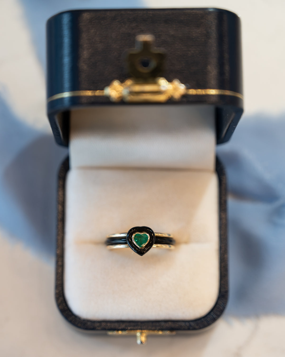 .25 Heart Cut Emerald & Black Enamel Stacking Ring 14k