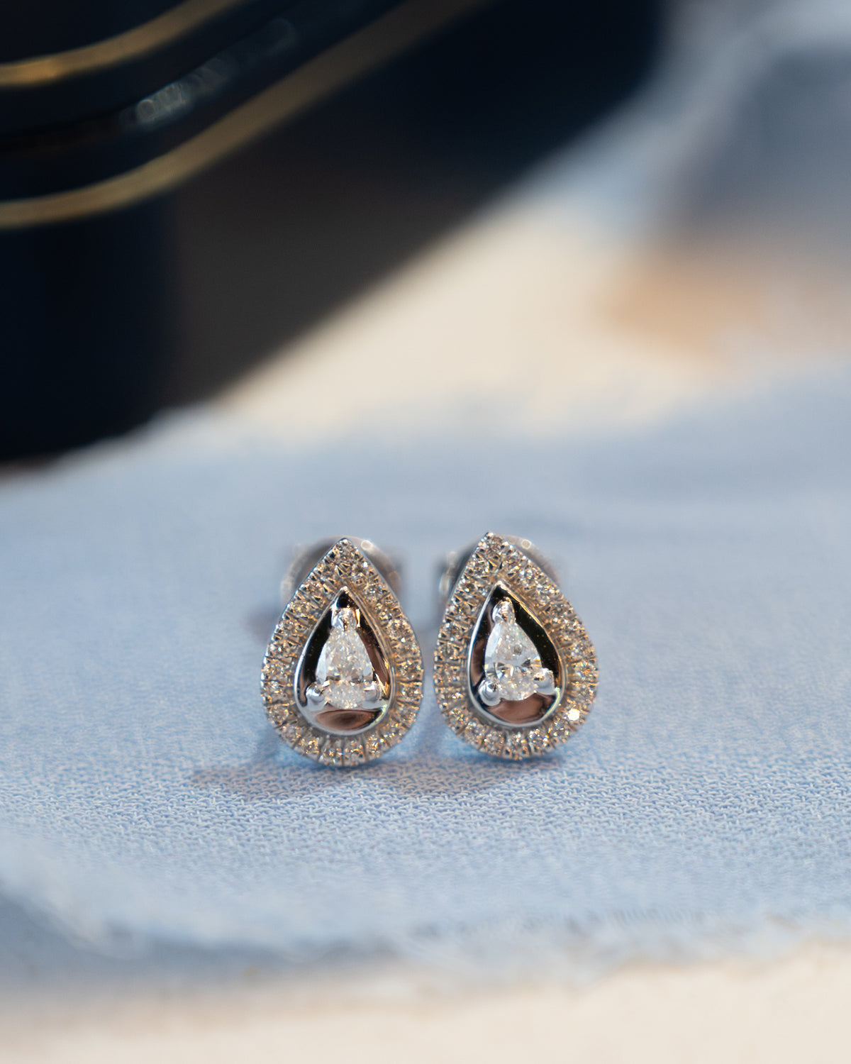 .11 Pear Diamond Halo Stud Earrings 18K White Gold