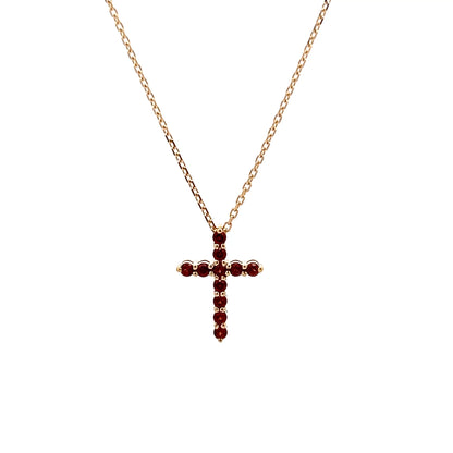Garnet Cross Pendant Necklace 14k Yellow Gold