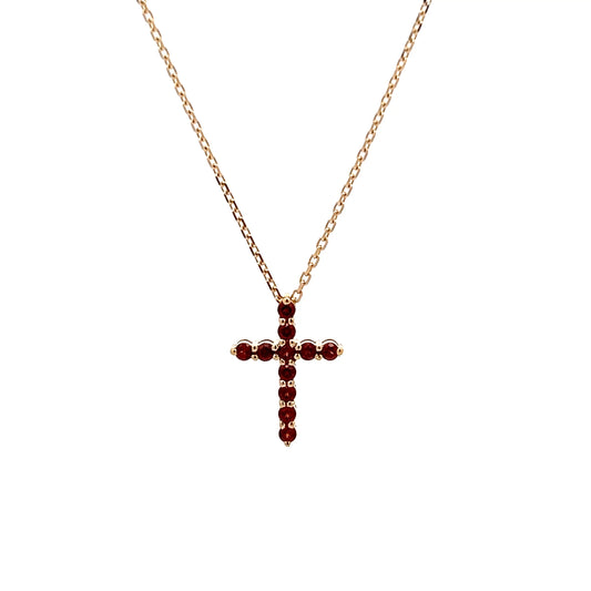 Garnet Cross Pendant Necklace 14k Yellow Gold