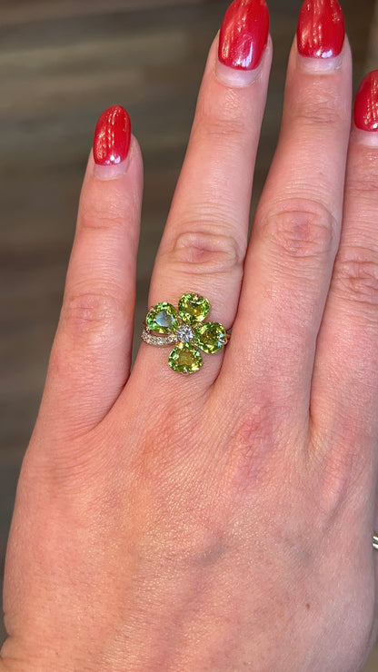 Peridot & Diamond Clover Cocktail Ring in 14k