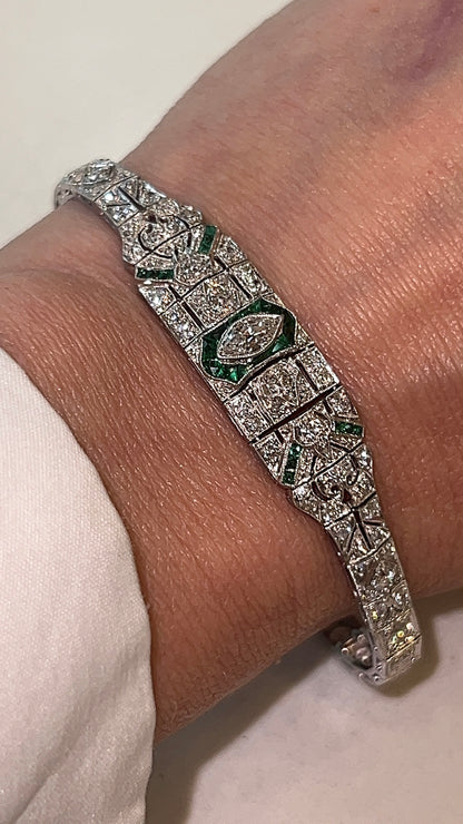 Vintage Art Deco Emerald & Diamond Bracelet in Platinum
