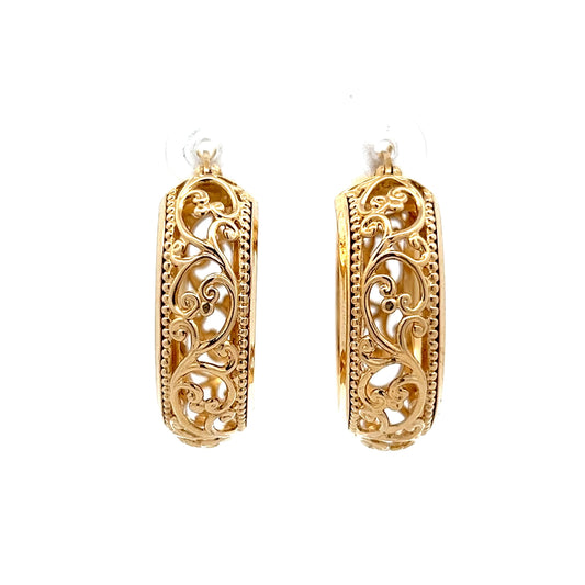 Intricate Filigree Hoop Earrings in 14k Yellow Gold