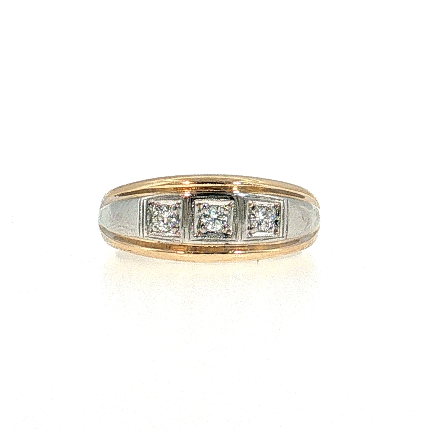 Modern Three Stone Diamond Men's Ring 14k Two-Tone Gold