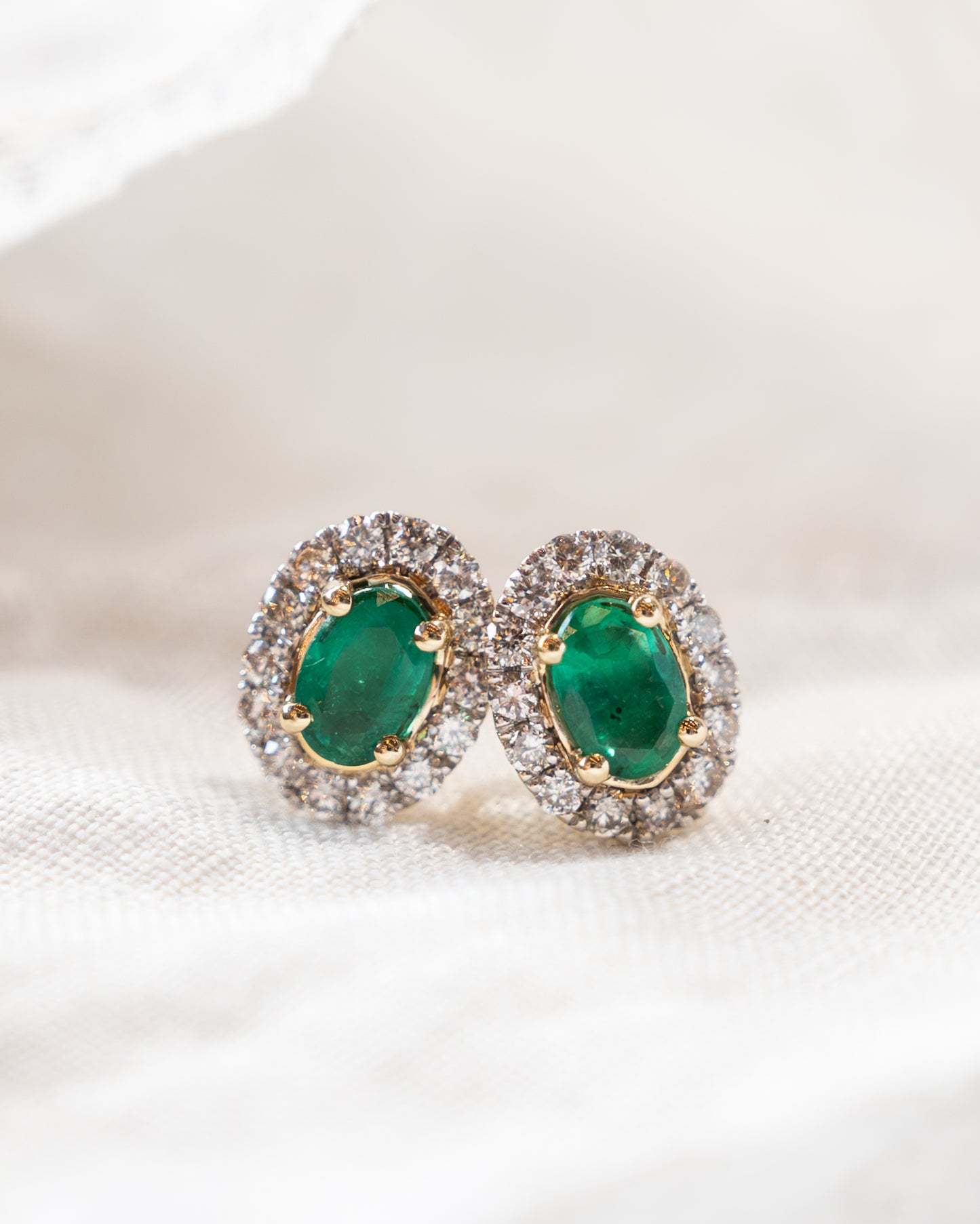 Oval Emerald & Diamond Halo Stud Earrings 14k
