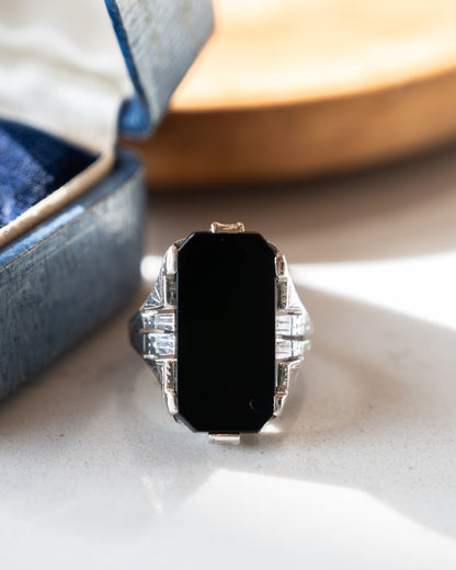 Antique Art Deco Onyx Cocktail Ring 14k White Gold