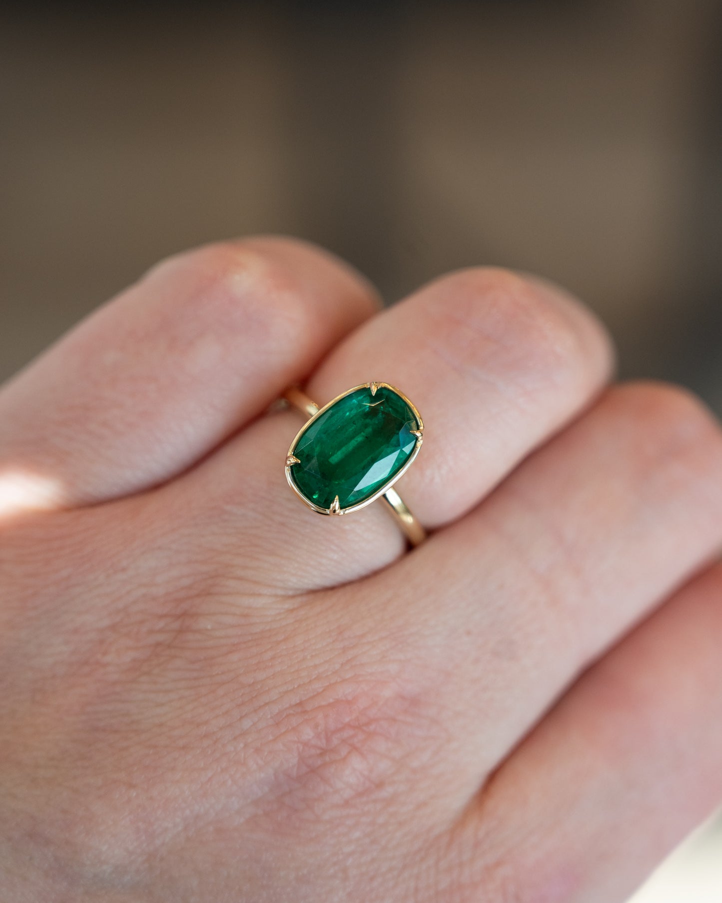 3.55 Cushion Emerald Engagement Ring 14k Yellow Gold