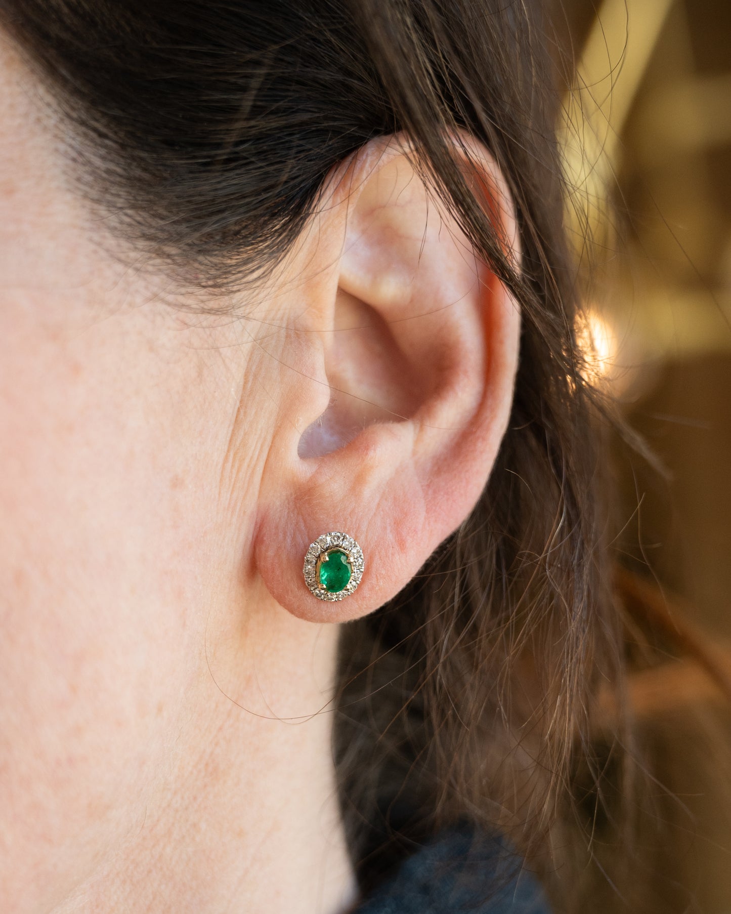 Oval Emerald & Diamond Halo Stud Earrings 14k