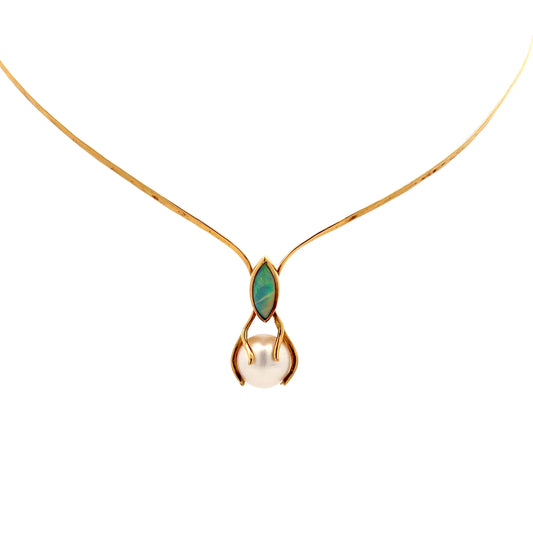 Opal & Pearl Collar Necklace in 18k Yellow Gold