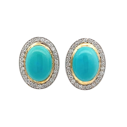 Oval Cabochon Turquoise & Diamond Earrings in 18k