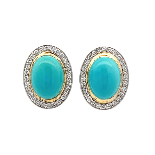 Oval Cabochon Turquoise & Diamond Earrings in 18k