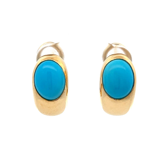 Oval Cabochon Turquoise Stud Earrings in 18k Yellow Gold