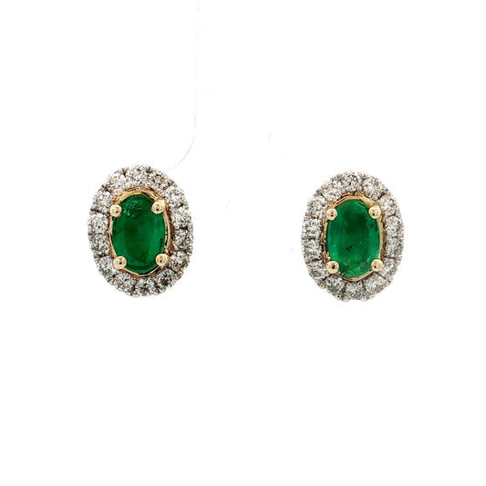 Oval Emerald & Diamond Halo Stud Earrings 14k