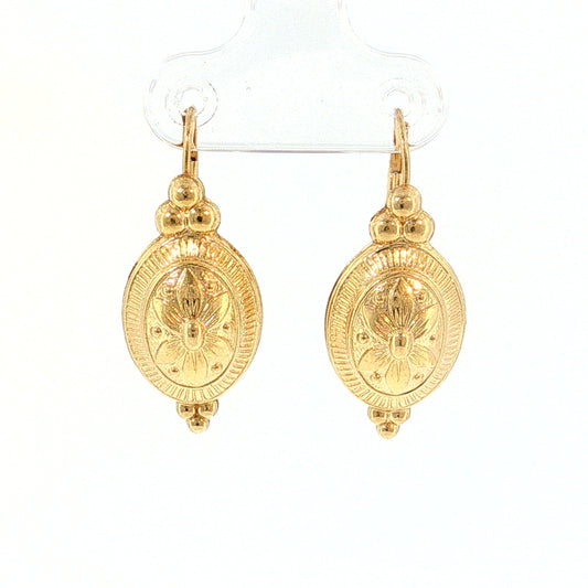 Oval Flower Engraved Drop Earrings 14k Yellow Gold