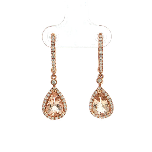 Pear Cut Morganite & Diamond Drop Earrings 14K Rose Gold