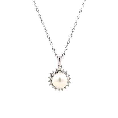 Pearl & Diamond Halo Pendant in 14k White Gold