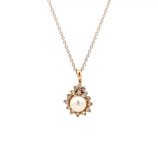 Pearl & Diamond Pendant Necklace in 14k Rose Gold